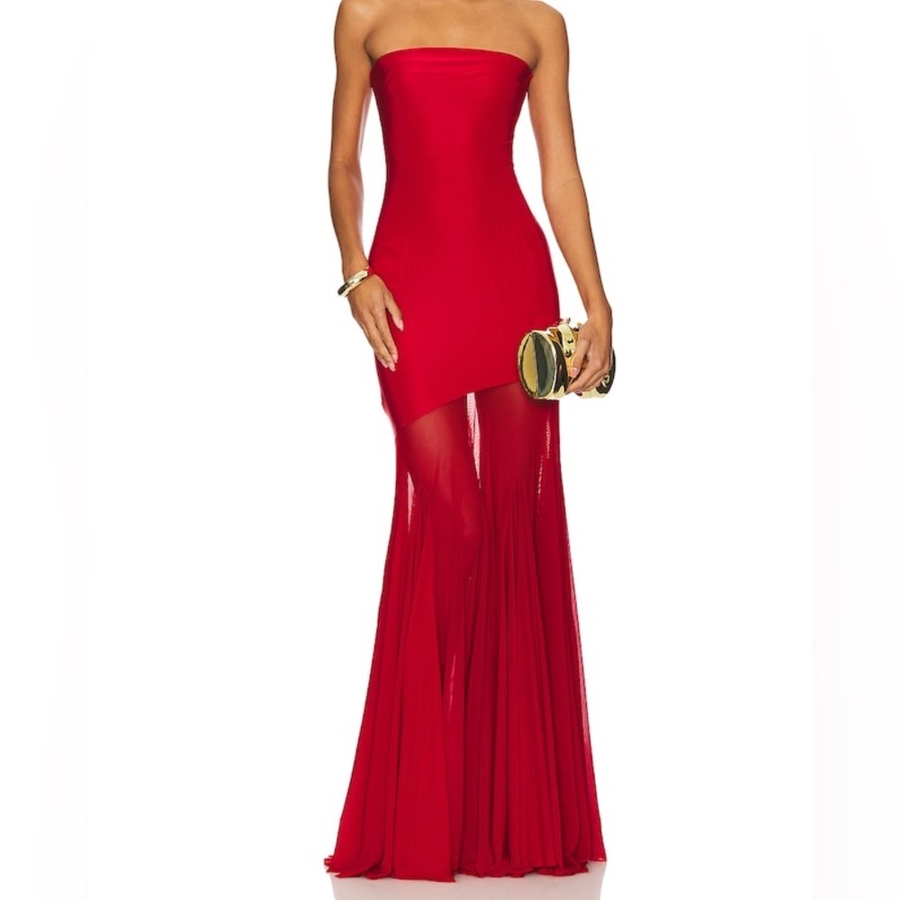 Deme by Gabriella Strapless Red Maxi Dress with Sheer Skirt